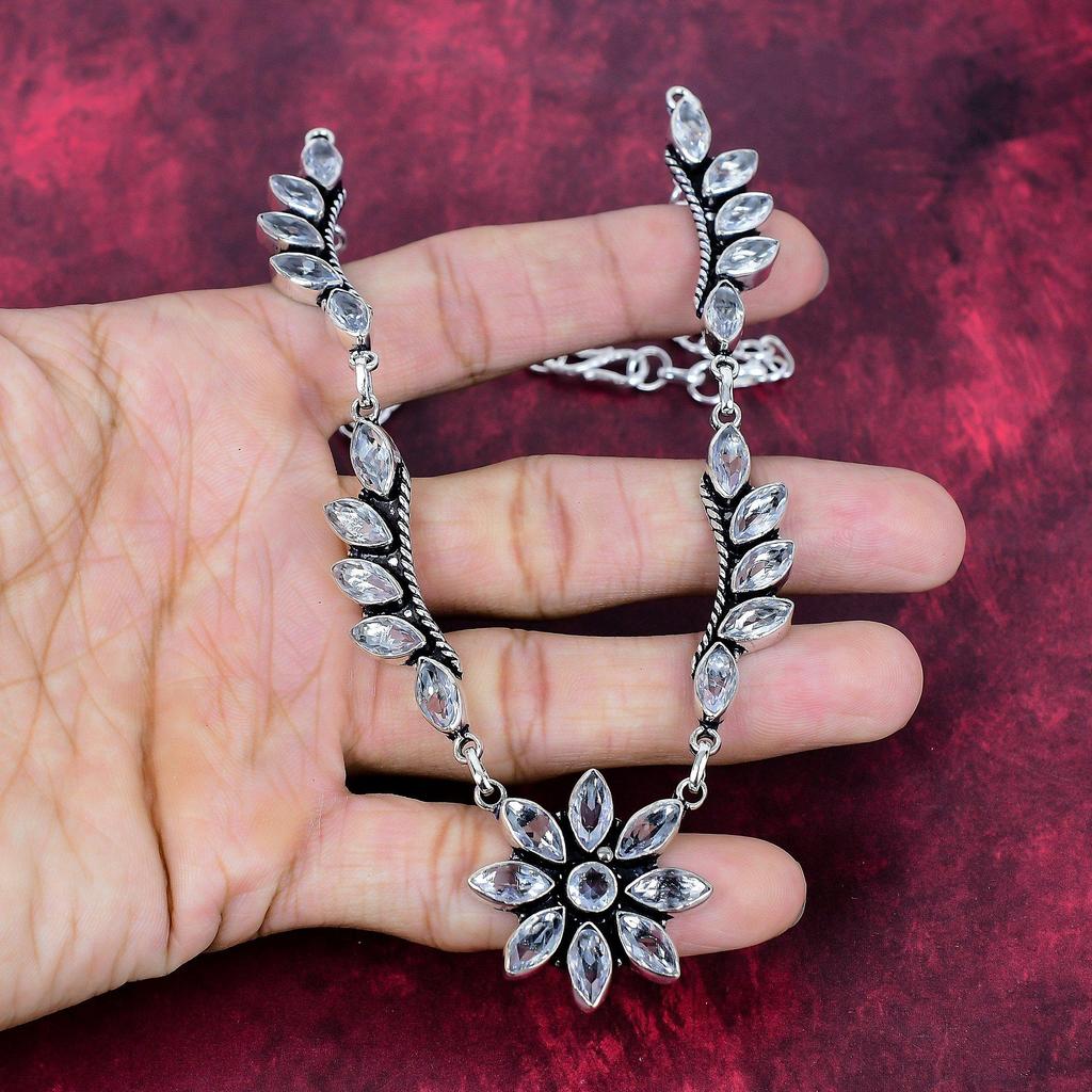 White Topaz 925 Solid Sterling Silver Necklace, Handmade Gemstone Jewelry Necklace, For Thanksgiving