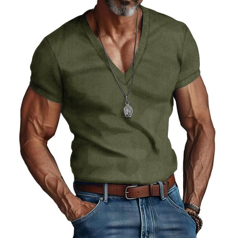 Herren Rippstrick V-Ausschnitt Kurzarm Slim Fit Lässig Einfarbiges T-Shirt