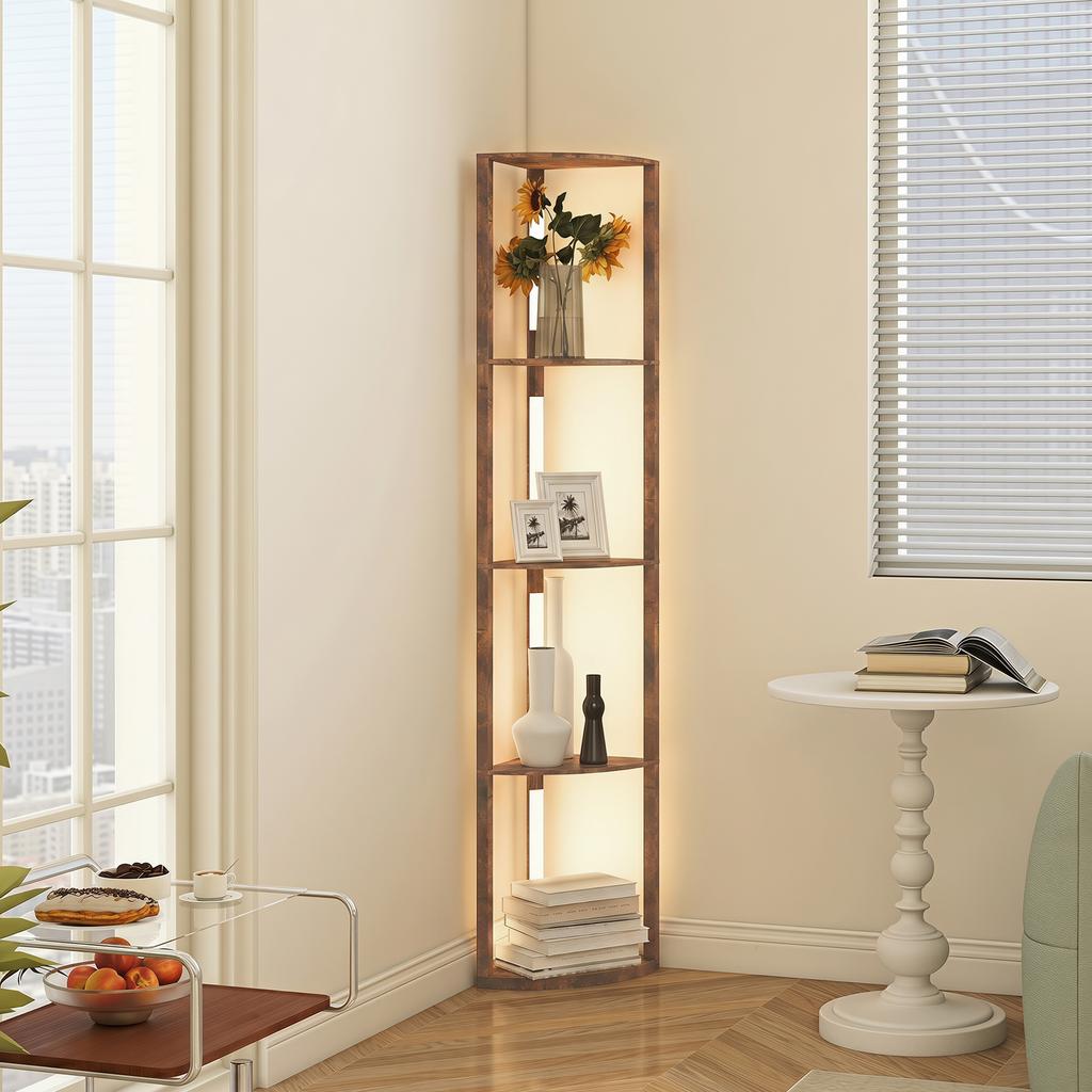 Lampada da Terra a LED con Mensole, 5 Livelli Dimmerabile, Lampada da Terra Moderna con 3 Livelli di Luminosità e Interruttore a Pedale, Marrone Rustico