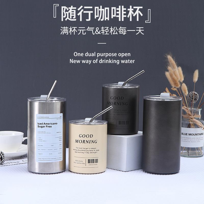 A 304 Stainless Steel Iced Americano Coffee Cup Vacuum Insulated Straight Straw Tumbler for Home Office Portable Use