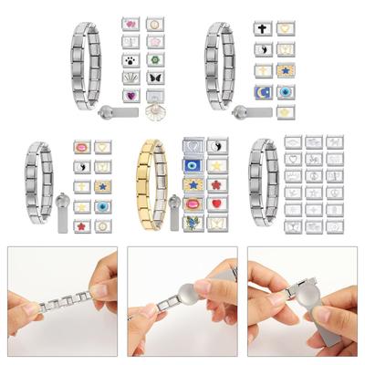 Charms aus Edelstahl im italienischen Stil. Handgefertigtes italienisches Charm-Armband-Set. Stabile Glieder mit leicht zu verwendenden Öffnungswerkzeugen.