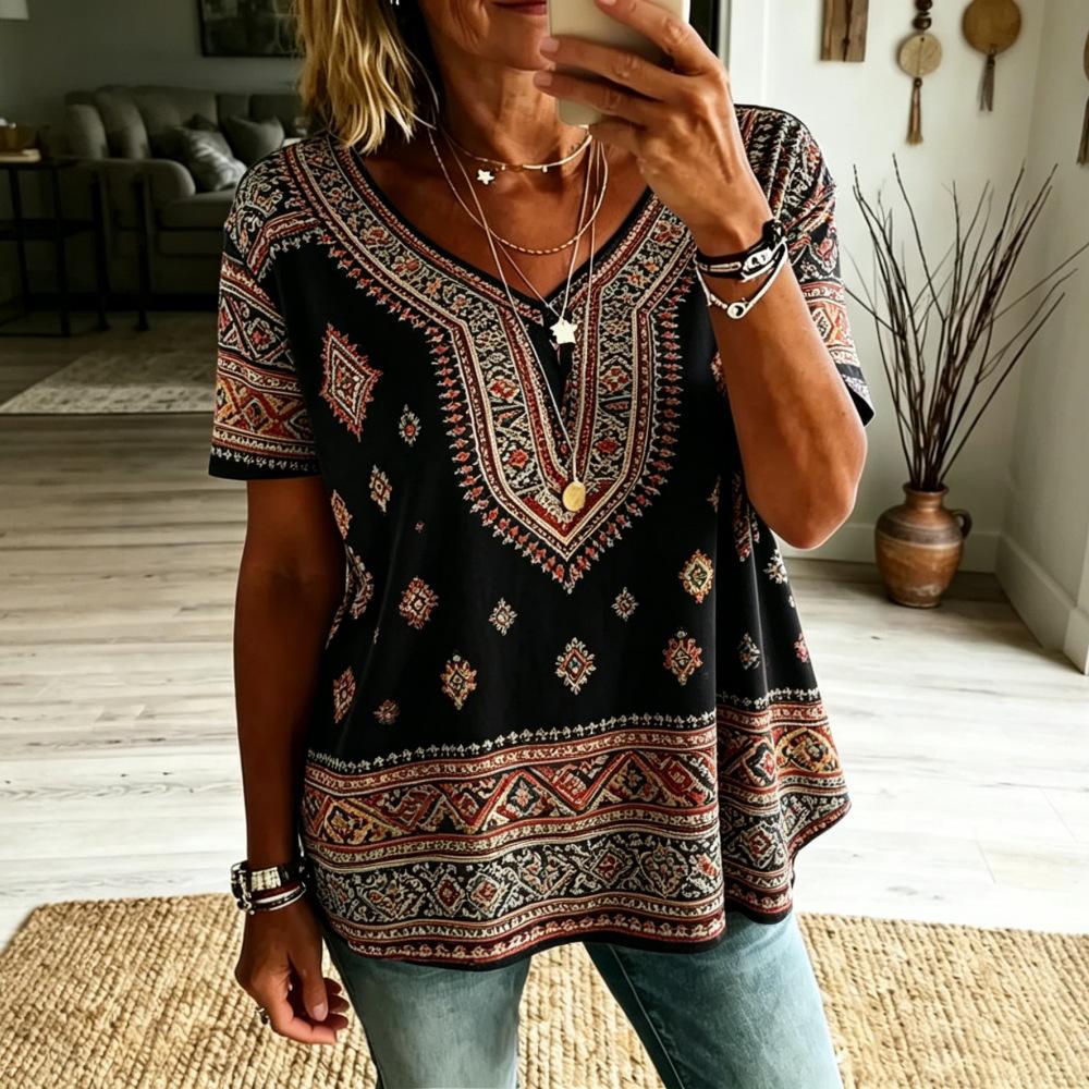 Women Boho Paisley Print Blouse V‑Neck Short Sleeve Ethnic Retro Loose Plus Size Casual Summer Tunic Top