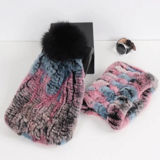New Fashion Knitted Good Elastic Real Fur Scarf Hat Sets Women Winter Warm Natural Rex Rabbit Fur Scarves Hats Sets