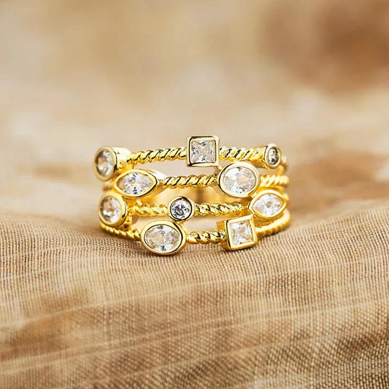 Huitan  Gold Color Women Rings Multi-layers Crystal Cubic Zirconia Design Modern Statement Female Finger Ring New Jewelry