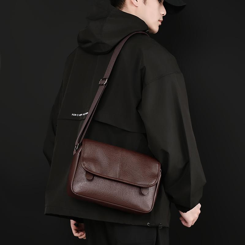 Men's Crossbody Bag Soft Leather Shoulder Bag Business Small Satchel Student Messenger Bag