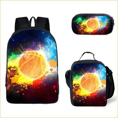 Set Scolastico Tre Pezzi Zaino Borsa Portapenne Borsa Pranzo Zaino con Immagini Street Tide Pallacanestro Calcio Set Zaino