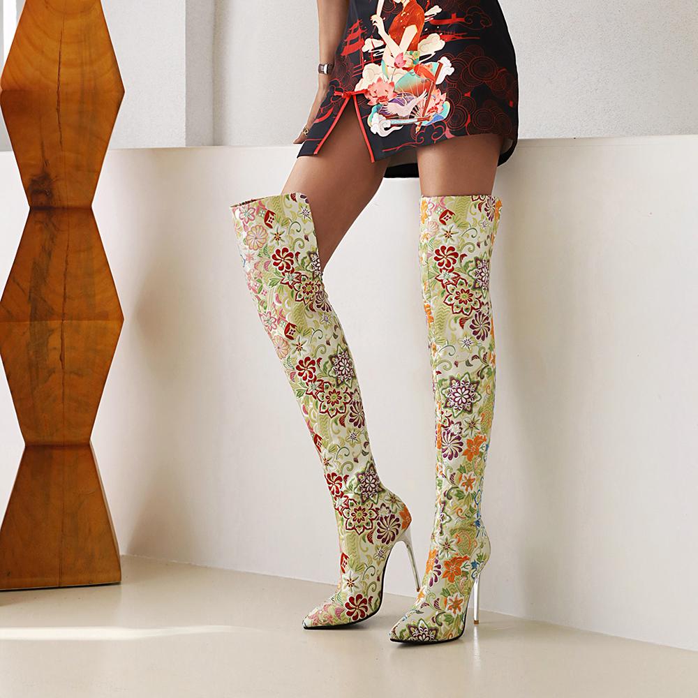 Western Embroidery Style Pointed Toe Over-The-Knee Women's Boots Ethnic Style Patterned Ultra-High Crystal Stiletto Long Boots