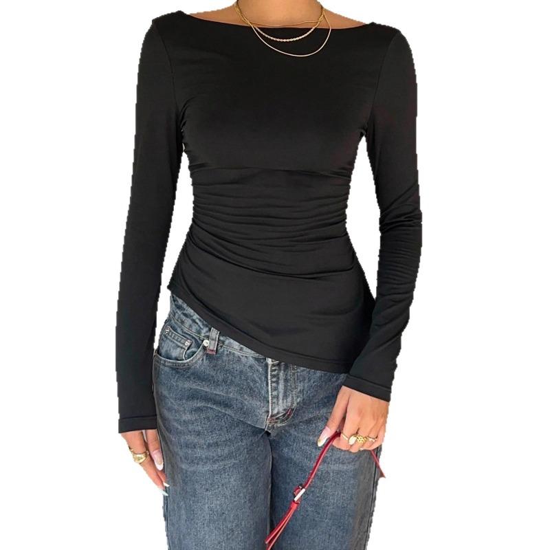 Women's Lace Patchwork Back Bow Irregular Blouse Women Slim Fit Long Sleeved Shirt Black Sexy Short Top Fashion Elegant Spring Summer Street Clothing