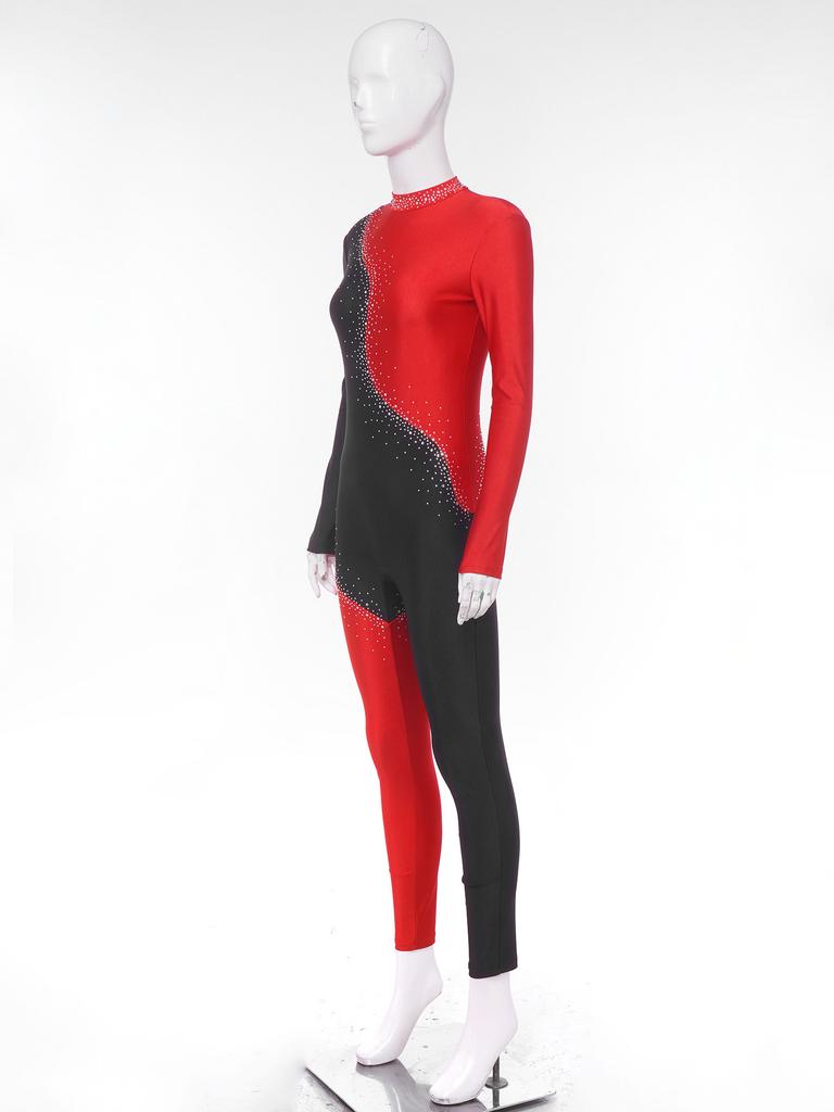 S-3XL Women‘s Dance Bodysuit Sparkly Rhinestones Long Sleeve Pants Back Zipper Color Block Full Coverage Unitard for Skating Ballet