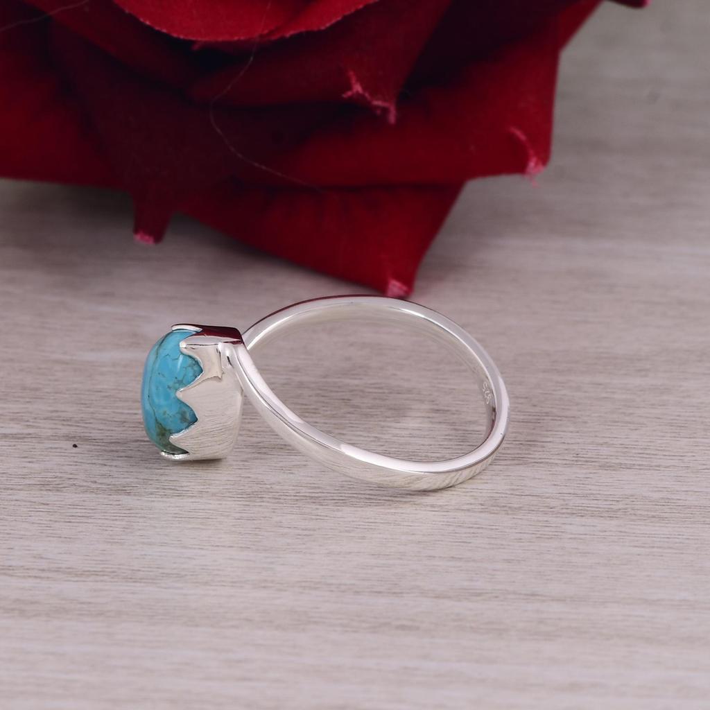 Handmade Turquoise Ring, Open Band Silver Ring, Heart Shape Gemstone Ring for Women
