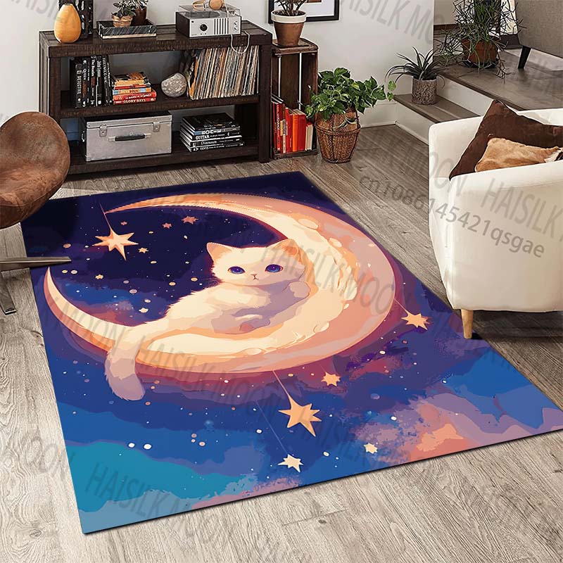 New Product White Cat On Crescent Moon Carpet for Living Room Bedroom Bedside Floor Mat Cloakroom Children Playing Mat Area Rug
