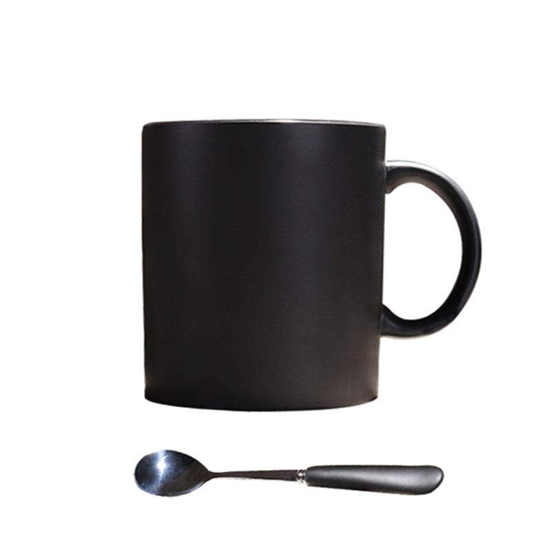 Large European-Style Matte Black Ceramic Mug with Spoon
