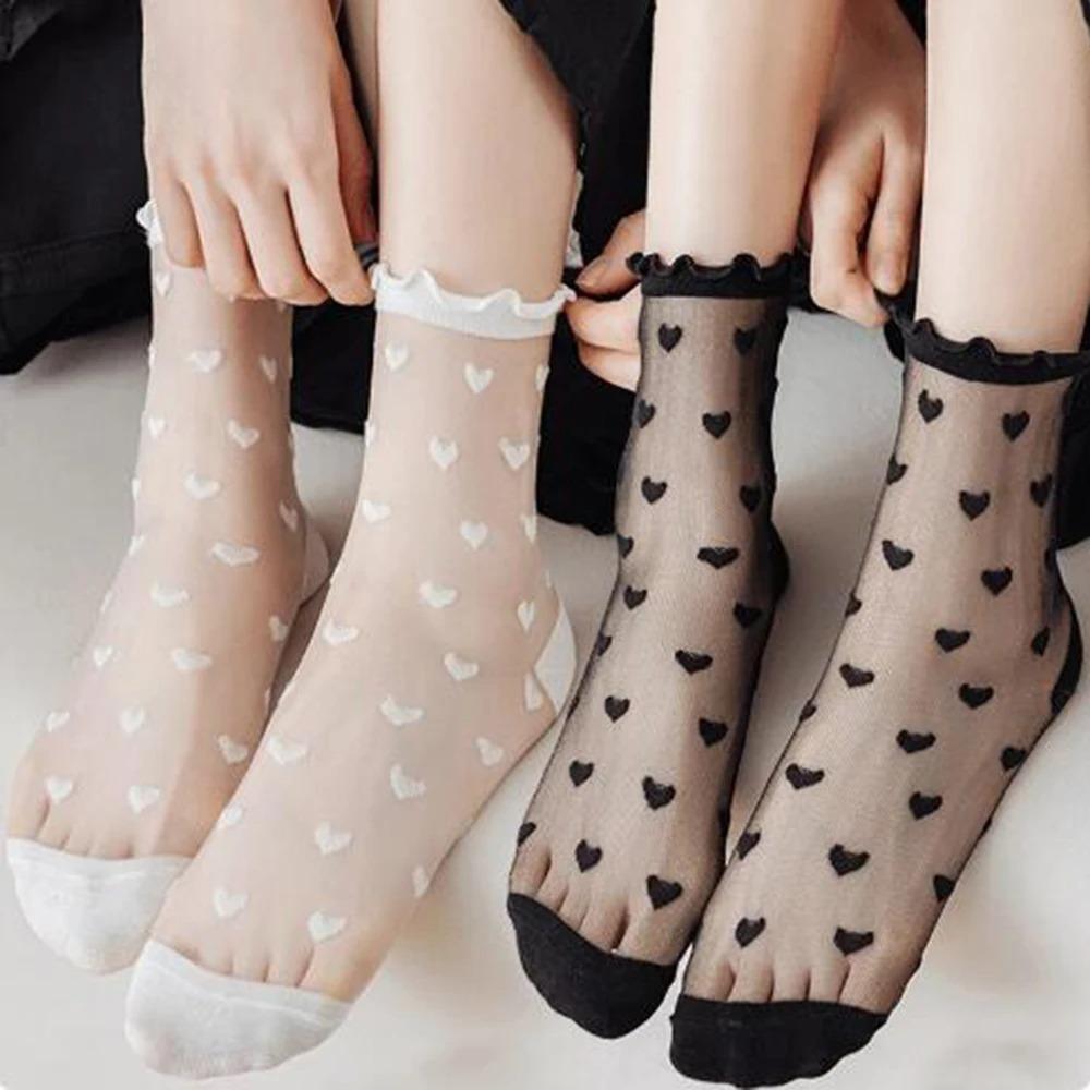 Summer Thin Transparent Lace Socks, Ruffled Heart Sheer Mesh Glass Fiber Socks, Sweet Casual Socks for Women Girls