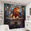 Lion Shower Curtain Stained Glass Tropical Jungle Wild Animal Purple Flower Vintage Afican Safari Forest Oil Painting Nature