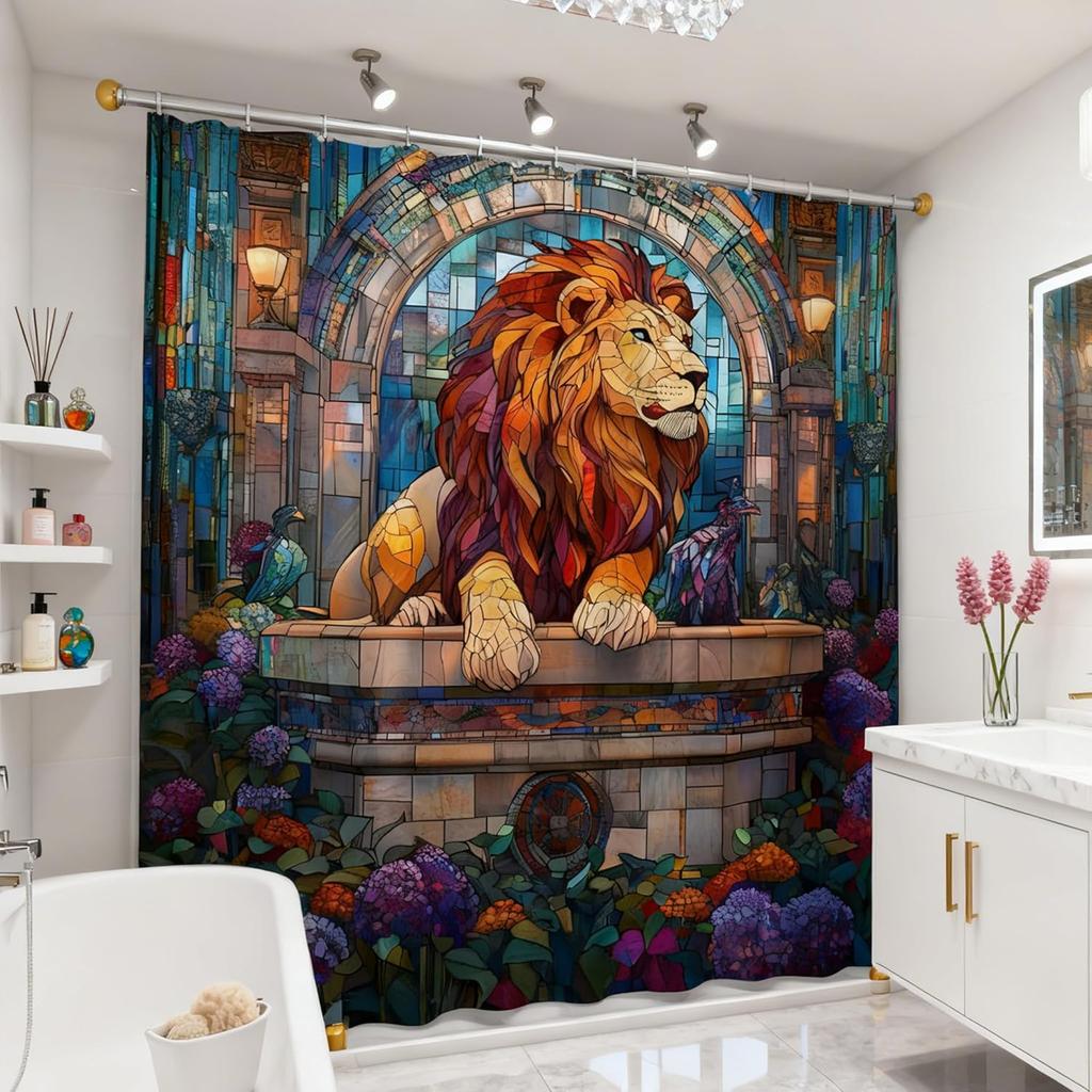 Lion Shower Curtain Stained Glass Tropical Jungle Wild Animal Purple Flower Vintage Afican Safari Forest Oil Painting Nature
