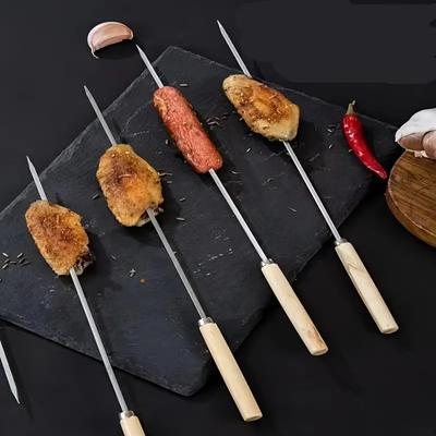 Holz BBQ Gabel Edelstahl Outdoor Grill Nadel Barbecue Grill Stick Langen Griff Kebab BBQ Spieße Werkzeuge Küche Gadgets