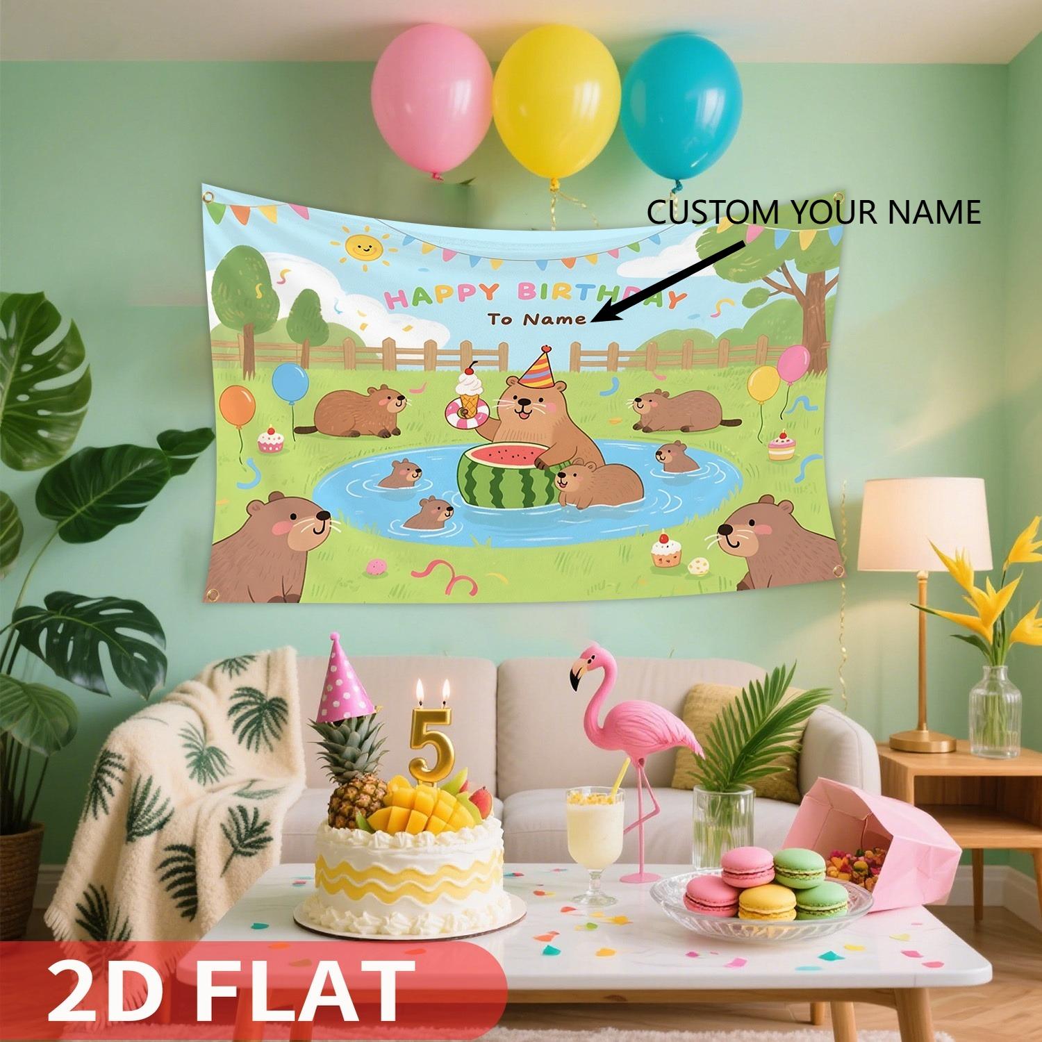 

1pc Customizable Birthday Capybara Decoration, Party photo booth props, Personalized Name - Polyester Birthday Party Decor 2x3 FT