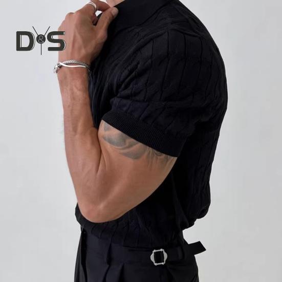 Herren Sommer Top Umlegekragen V-Ausschnitt Jacquard Strick Einfarbig Kurze Ärmel Locker Dehnbar Formeller Business-Stil Mittellanges Herren Alltagshemd