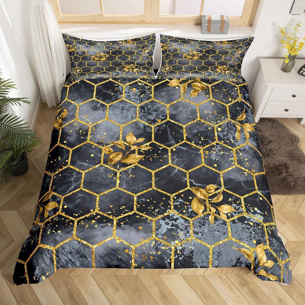 Geometric Duvet Cover Set Twin Queen Luxury Marble Comforter Cover Abstract Honeycomb Hexagon Bedding Set 2/3pcs for Boys Girls