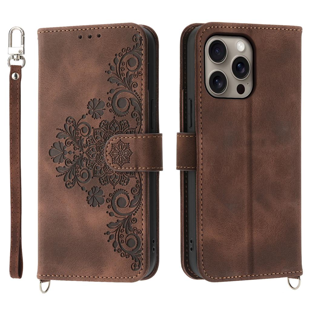 For iPhone 16 Pro Max Leather Case Multiple Card Slots Phone Cover with 2 Straps
