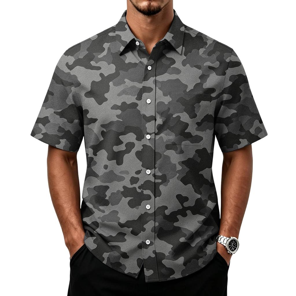 Men's Casual Short Sleeve Button Down Shirt Lightweight Breathable Fabric Classic Fit with Front Pocket Camouflage Print