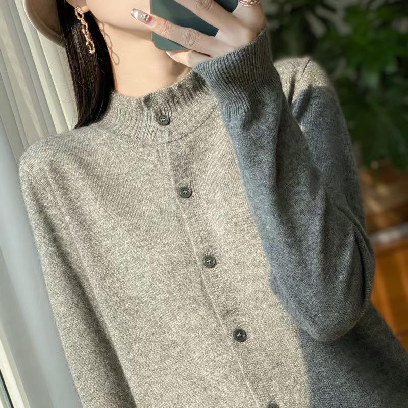 Elegant Women's Wool Knit Cardigan with Lace Collar - Long Sleeve, Loose Fit, Perfect for Spring/Autumn Layering