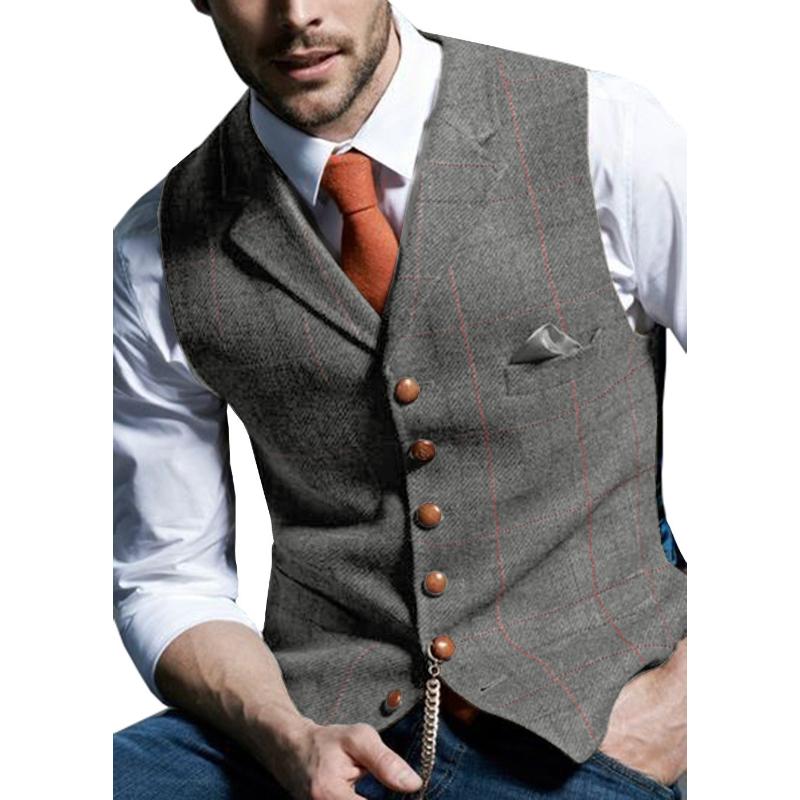 Brown Casual Gentleman Men's Vest Plaid Jacket Tweed Business Waistcoat for Wedding Best Man