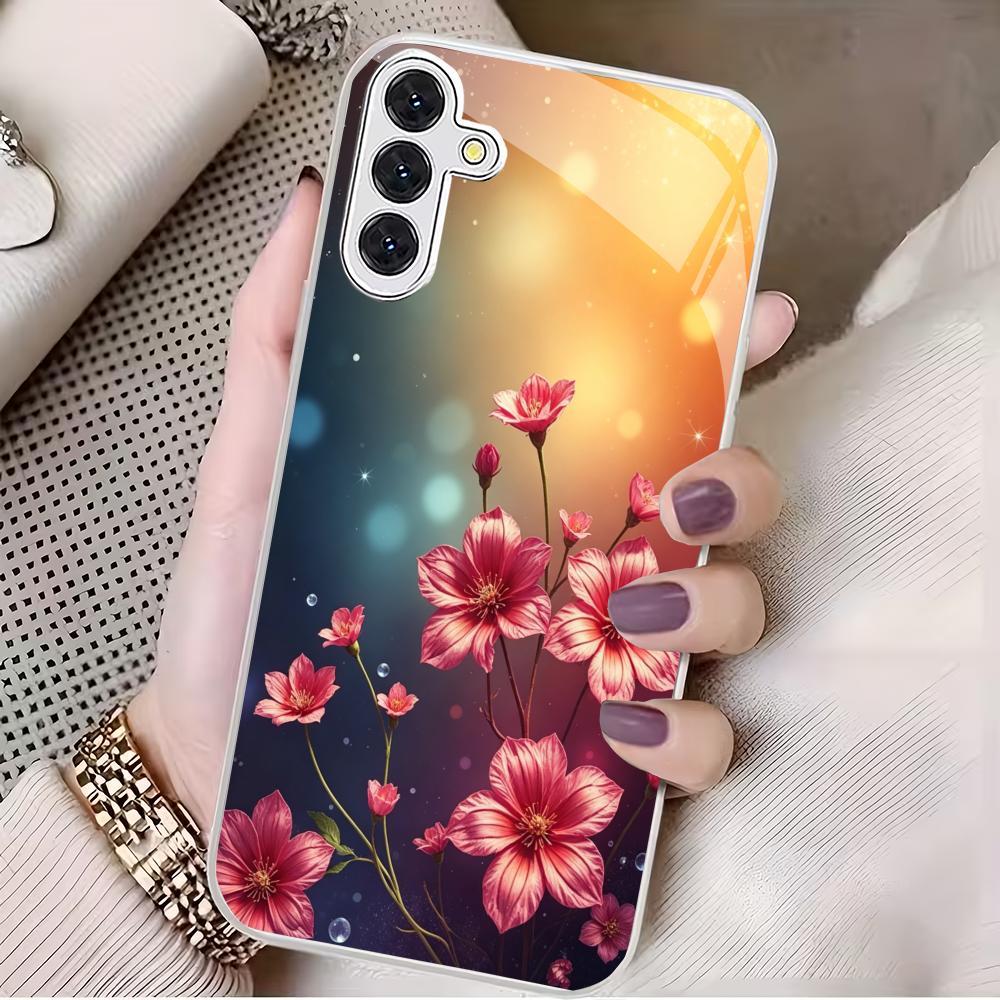 Capa de telefone de vidro banhada a prata com design de flor adequada para Samsung Galaxy S26 S25 S24 S22 S21 S20 FE/Ultra/Plus capa rígida
