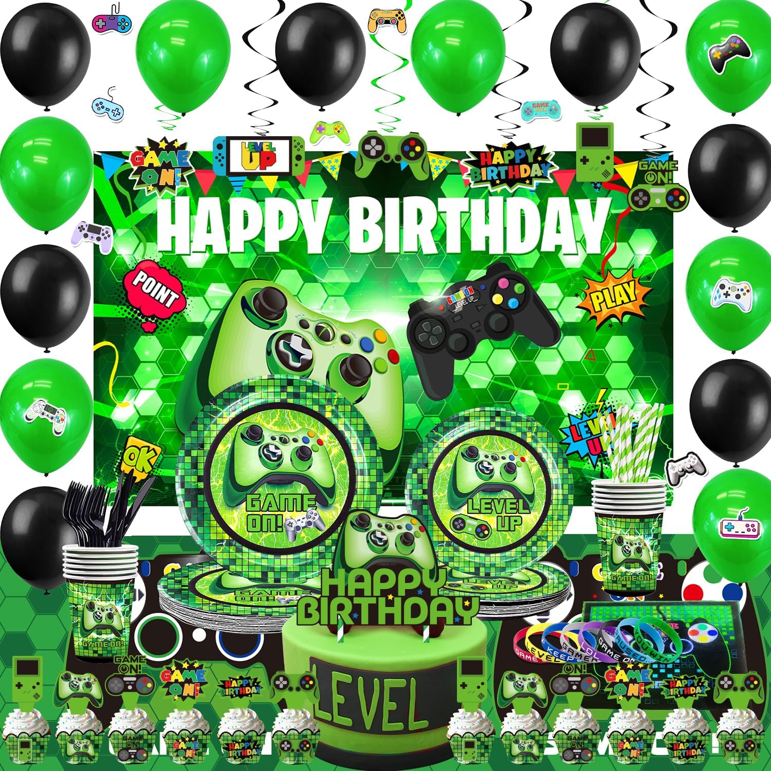 Green Gamer Birthday Party Decoration - 217Pcs Video Game Gaming Party Supplies For Boys Birthday Party - Backdrop, Table Cover, Plates, Cups,