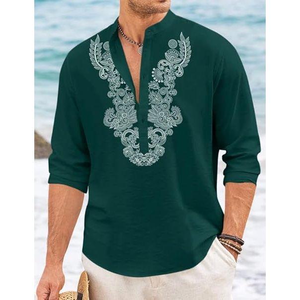 Herren Baumwollmischung Kurzer Kurta mit langen Ärmeln und ethnischem Halsausschnittdesign | Lässiger Knitterstruktur-Kurta mit Stehkragen