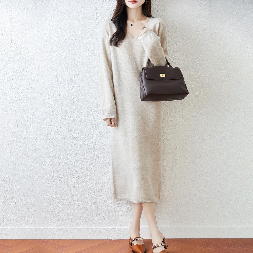 Women's V-Neck Pure Wool Knit Sweater Dress - Mid-Length, Loose Fit for Autumn & Winter