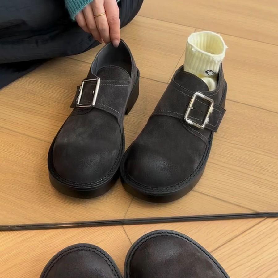 Cowhide version~ thick sole Velcro round head loafers retro belt buckle single shoes women's thick heel small leather shoes Birkenstocks