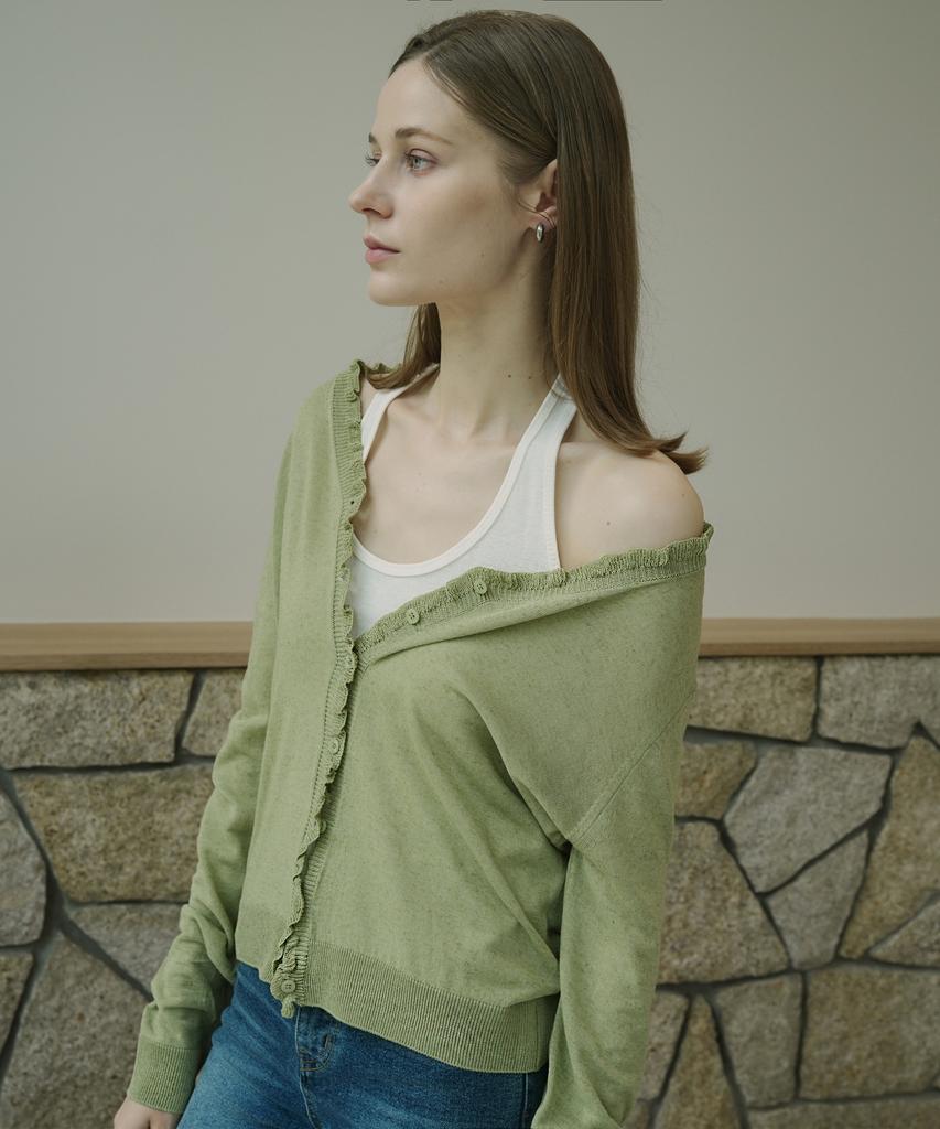 VLETI Linen Blend Double-Layer V-Neck Cardigan (Olive)