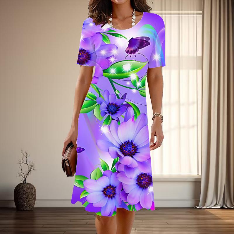 

Женская мода изящный красивый цветочный принт лето весна короткий рукав О-образный вырез повседневные платья 2XL