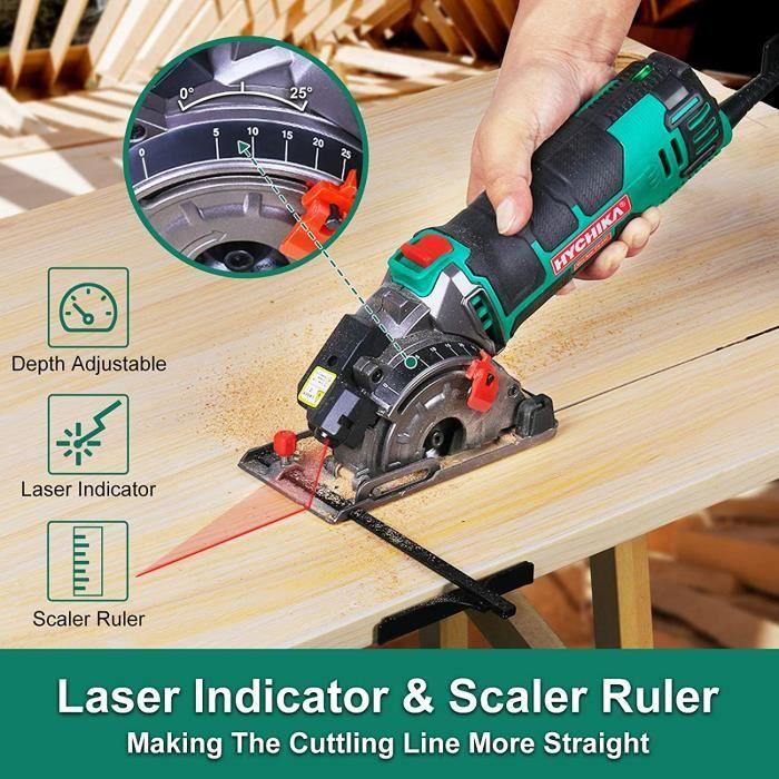 Scie Circulaire - HYCHIKA - 500W - 4500RPM - Profondeur de coupe 0-25mm - Moteur en Cuivre Pur