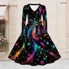 Women Plus Size V Neck Long Sleeve Rainbow Tie Dye Printed A Line Dress With Belt