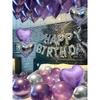 Purple and black birthday balloons, Happy Birthday party decorations, metallic silver latex balloons, heart-shaped balloons