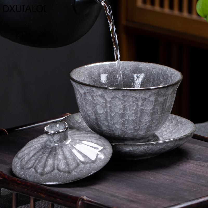 Ceramic Sancai Cover Bowl Teacup Ice Crack Ceramic Kungfu Tea Set Tea Bowl Gaiwan Tea Set Gift 200ml