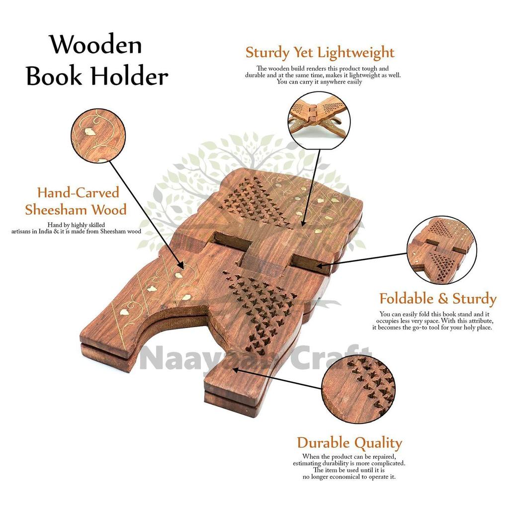 Handmade & Handcraft Foldable Book Holder | Rehal | Book Holding Stand with Intricate Carvings and Leaf Print | Rehal for Religious Holy Books