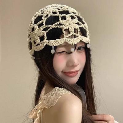 Bohemian Style Crochet Flower Knitted Hat Handmade Woven Cap Casual Hollowed Out Beanie Cap  Summer