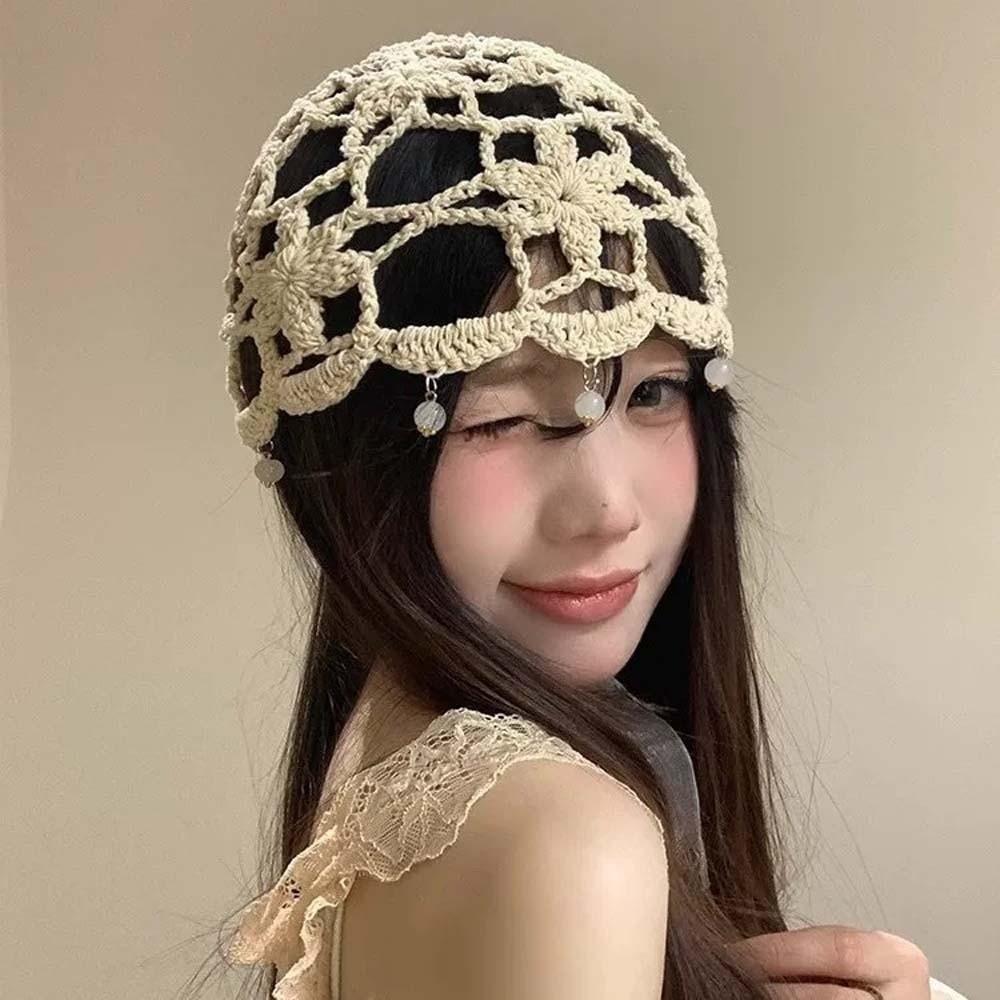 Bohemian Style Crochet Flower Knitted Hat Handmade Woven Cap Casual Hollowed Out Beanie Cap Summer