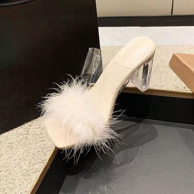 Summer Korean Version Thick Heel High Heels Internet Celebrity One-word Slippers Lazy Fluffy Decorative Women Cool Slippers