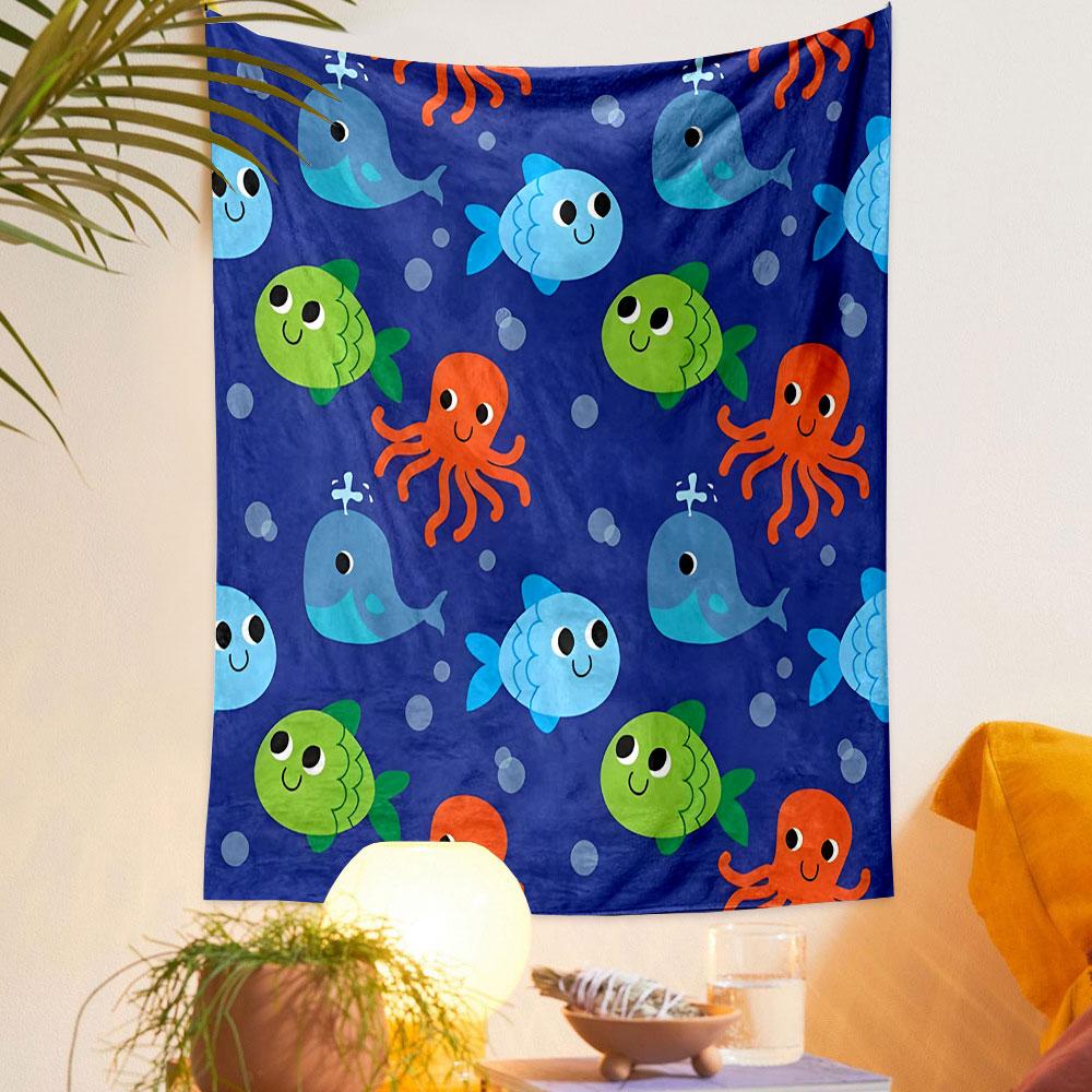 Cute Sea Creatures with Smiling Faces Patterned Tapestry Decorative Wall Hanging, Home Bedroom Living Room Decor