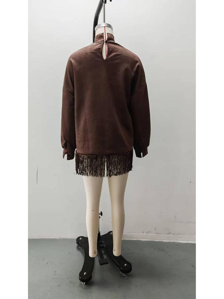 2026 High Neck Suede Dress with Tassels and Pockets
