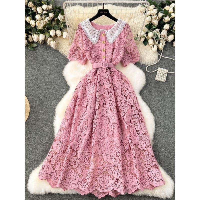 French Dress Female 2024 New Arrival Sweet Contrast-Color Doll Collar Breasted Silm Mid Length Long Length Lace Formal Dress