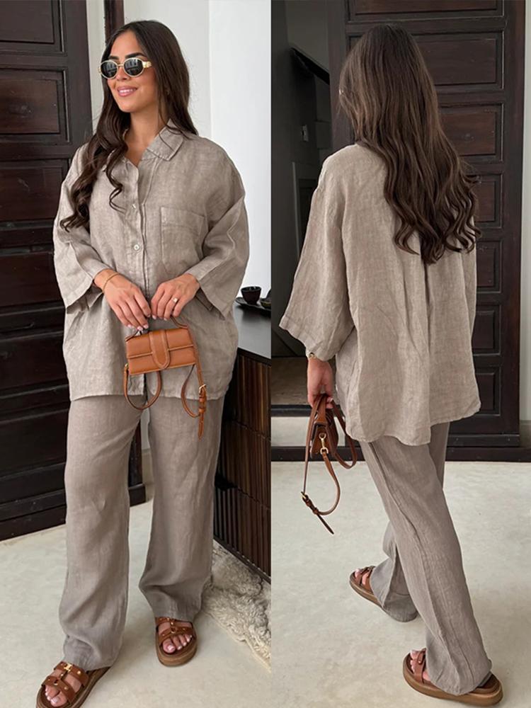 Vintage Solid Shirt Trousers Suit Women Single Breasted Long Sleeve Shirt Wide Leg Pants Summer Female Set