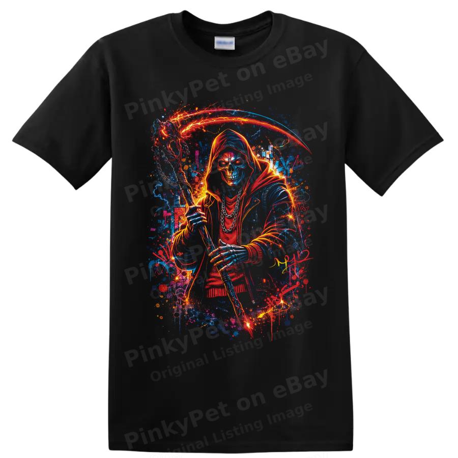 Grim Reaper Neon Skull Scythe Gothic Horror Graphic T Shirt Dark Art Red Tee