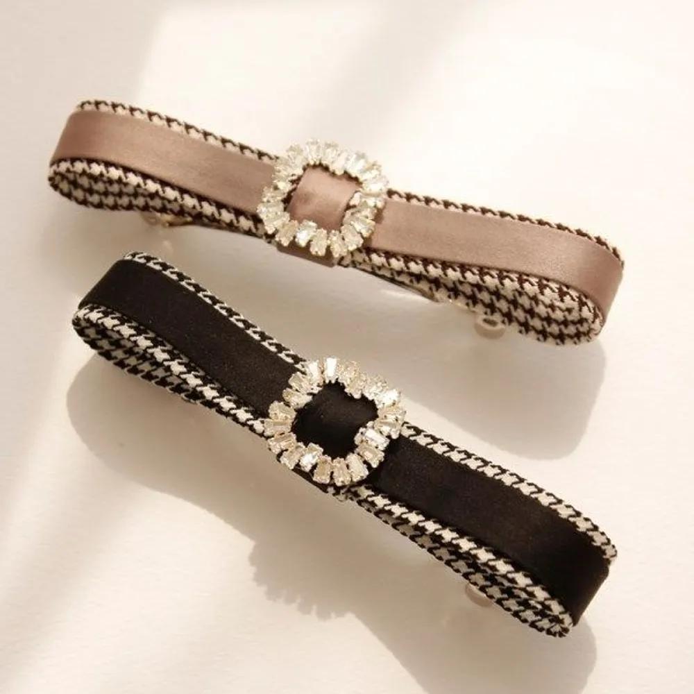 J Lauren Houndstooth Satin Cubic Pendant Ribbon Half-Up Automatic Pin H01087 brown