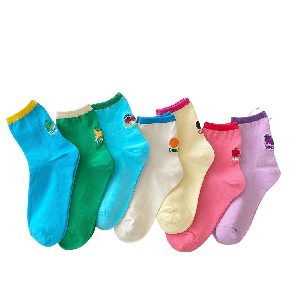 Fruit Embroidery Socks, Women's Mid-calf Socks, Trendy Pure Cotton Japanese-style Cute Sports Student Dopamine Summer Long Socks