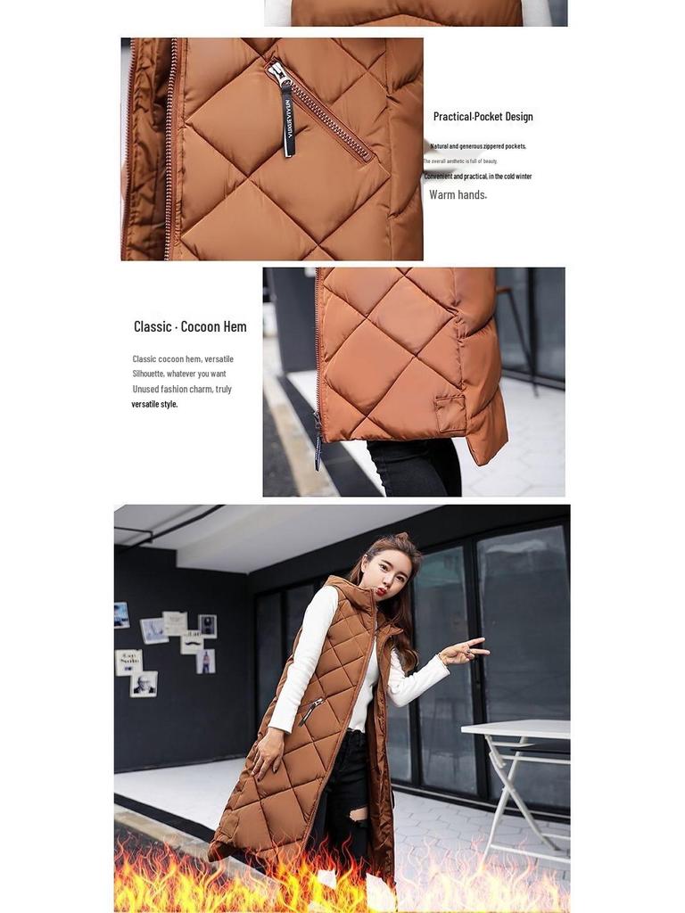 Hooded Women's Sleeveless Down Cotton Waistcoat - Mid-Length and Warm